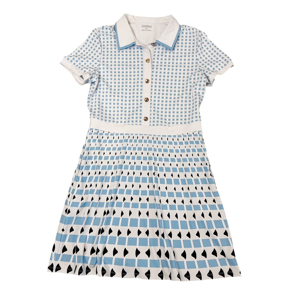 Acegolfs Not So Classic Short Sleeve A-Line Golf Dress Blue White Geometric MED